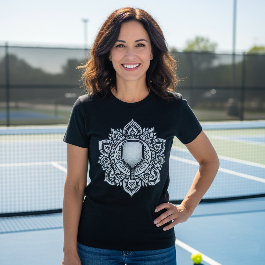 Woman wearing a black t-shirt with a white mandala design on a Pickleball court.