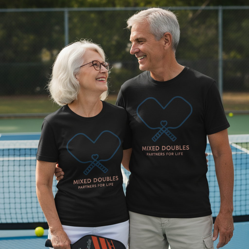 Two people on a Pickleball court wearing black t-shirts with 'Mixed Doubles Partners for Life' text.